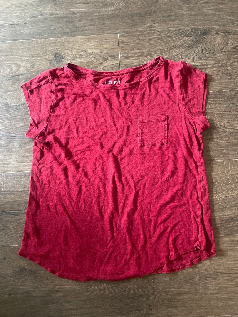 LOFT Women's Red Short Sleeve Pocket Tee 100% Linen, Size Medium